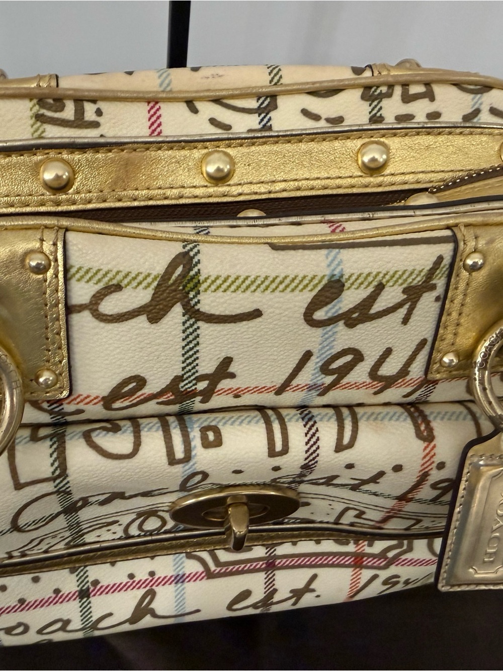 Vintage Coach Graffiti Tattersall Chelsea Satchel & Wallet Set Gold Y2K F13186 - Picture 14 of 16